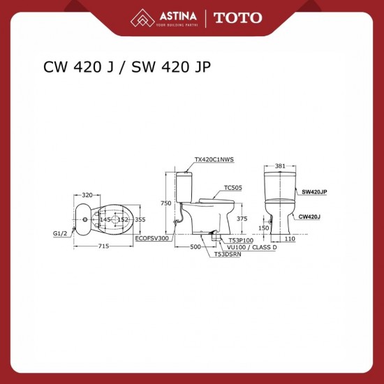 Kloset Duduk TOTO CW420JW/F Tutup TC505 Jarak As 50cm Kloset Duduk TOTO CW420JW/F Tutup TC505 Jarak As 50cm